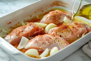 Hähnchen, Zwiebeln und Brühe in Auflaufform
