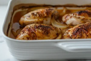 Hähnchenbrust im Backofen mit Zwiebeln und Brühe