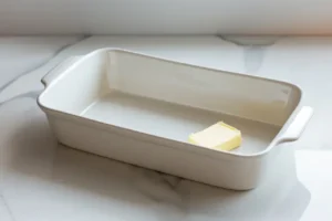 Auflaufform leicht eingefettet auf Keramiktisch