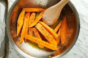Süßkartoffelstifte mit Öl und Gewürzen in Schüssel.