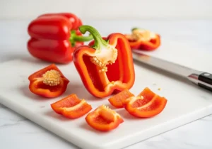 Fresh bell pepper cut into pieces for chicken auflauf recipe