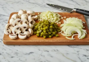 Mushrooms, pickles and onions prepped for German chicken bake