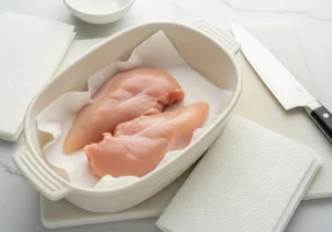 Raw chicken breast cut in half for German chicken casserole