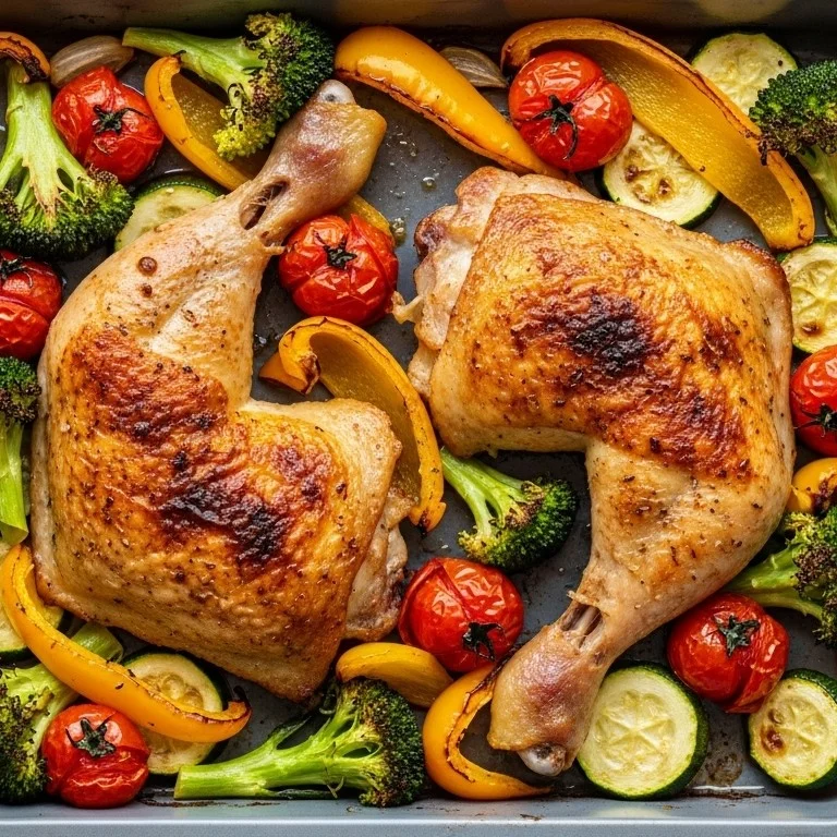 hähnchenschenkel mit ofengemüse vom blech