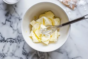 Butter, Zitronenschale und Joghurt werden in Teig eingerührt