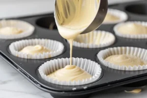 Teig wird mit Löffel in Muffinförmchen gefüllt