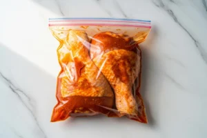 Hähnchenkeulen mit Marinade in einem Gefrierbeutel