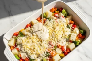 Auflaufform mit Gemüse, Soße und geriebenem Käse vor dem Backen