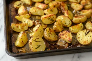Gebackene halbierte Kartoffeln auf dem Backblech, goldbraun und knusprig, mit Knoblauch und Rosmarin bestreut.