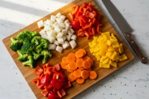 Geschnittene Kartoffeln, Brokkoli, Paprika und Möhren auf Schneidebrett