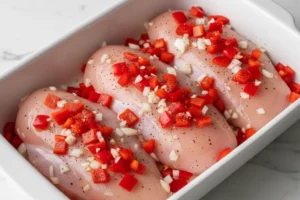 Hähnchen würzen und mit Paprika