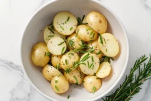 Halbierte Kartoffeln mit fein gehacktem Rosmarin in der Rührschüssel