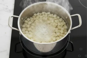 Kartoffelwürfel im kochenden Wasser im Topf auf dem Herd