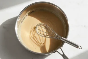 Soße mit Butter, Mehl, Milch und Brühe im Topf mit Gewürzen daneben