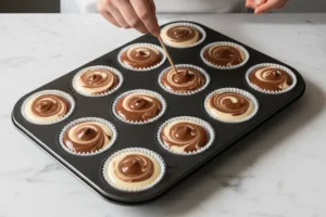 Teige in Förmchen füllen, mit Zahnstocher marmorieren, backen