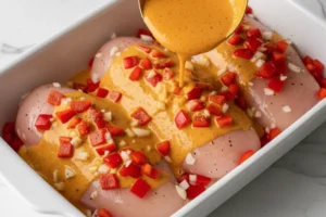 auce über das Hähnchen und Paprika gießen