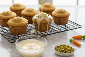 Abgekühlte Muffins werden mit Zitronenguss bestrichen und mit gehackten Pistazien und Marzipanmöhren verziert.