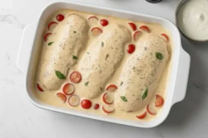 Auflaufform mit Hähnchen, Tomaten, Sauce und Mozzarella, bereit zum Backen im Ofen.