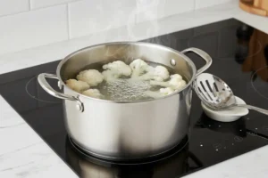 Blumenkohlröschen werden in Salzwasser auf einem Herd in einem Edelstahltopf vorgekocht.