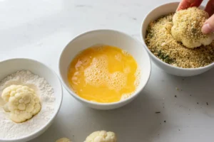 Blumenkohlröschen werden nacheinander in Mehl, Ei und Panko-Parmesan-Mischung paniert.