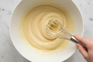 Butter, Zucker, Vanillezucker und Eier werden mit einem Handrührbesen cremig geschlagen