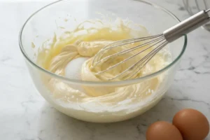 Butter, Zucker und Vanille werden cremig verrührt, Eier liegen bereit.