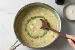 Cremige Pesto-Sahne-Sauce für Hähnchenauflauf wird in einem Topf mit Frischkäse und einem Holzlöffel verrührt.