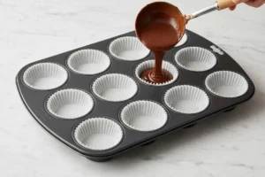 Herstellung eines glatten Schokoladenmuffinteigs durch Zugabe von Pflanzenöl und sprudelndem Mineralwasser zu den trockenen Zutaten in einer blauen Schüssel.