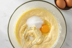 Eine Hand verrührt weiche Butter, Zucker und ein Ei mit einem Schneebesen in einer Glasschüssel für den Muffinteig.