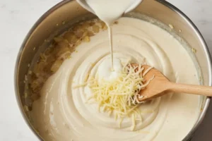 Eine cremige Käsesauce für den Nudelauflauf wird durch Einrühren von Sahne und geriebenem Gouda zubereitet.