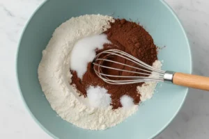 Eine hellblaue Schüssel mit trockenen Zutaten wie Mehl, Zucker und Kakao für ein eifreies Muffinrezept, mit einem Schneebesen zum Vermischen.