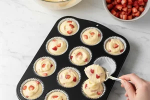 Erdbeer-Muffinteig wird mit einem Löffel in die Papierförmchen eines schwarzen Muffinblechs gefüllt.