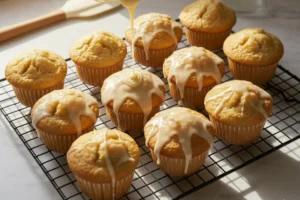 Mehl wird über cremigen Vanilleteig gesiebt, um die Muffinmischung herzustellen.