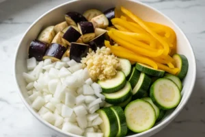 Frisch geschnittenes Gemüse für Ratatouille aus dem Ofen in einer Schüssel bereitgestellt.