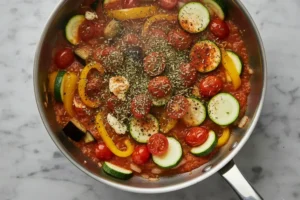 Frisches Gemüse und Gewürze werden in den Topf zum Anschwitzen gegeben.