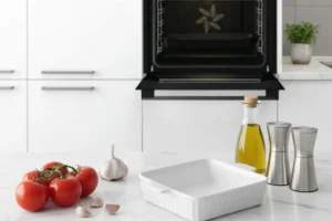 Ganze Tomaten und Knoblauch vor dem Schneiden vorbereitet.