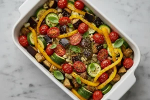 Gebackenes Ratatouille aus dem Ofen mit frischen Kräutern garniert.