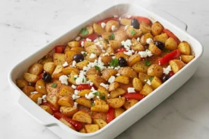 Gebackenes Zitronen Hähnchen mit Feta, Oliven und Kräutern in weißem Ofengeschirr frisch aus dem Ofen.