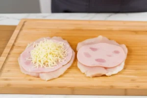 Gefaltetes Hähnchenfilet gefüllt mit Turkey slice und geriebenem Gouda auf weißem Schneidebrett