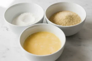 Gefüllte Hähnchenfilets beim Panieren: Mehl, Ei-Milch-Mischung und Paniermehl-Panko in drei Schüsseln