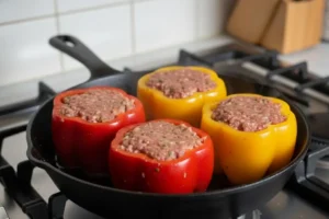 Gefüllte Paprikaschoten werden in einer Pfanne rundum angebraten