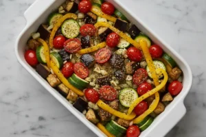 Gemüse-Mischung in Auflaufform mit frischen Tomaten und Essig vor dem Backen.