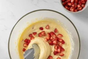 Gewürfelte Erdbeeren werden mit einem Spatel vorsichtig unter den hellen Muffinteig in einer Glasschüssel gehoben.