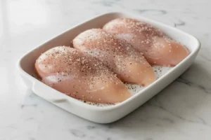 Gewürzte Hähnchenbrustfilets mit Salz und Pfeffer in Schale