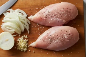 Gewürzte Hähnchenbrustfilets mit fein geschnittener Zwiebel und gewürfeltem Knoblauch auf Marmorarbeitsfläche