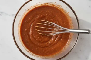 Glasschüssel mit angerührter Honig-Senf-Marinade und Schneebesen.