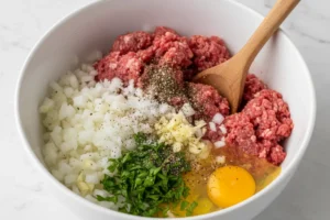 Hackfleisch, Reis und Gewürze in einer Schüssel vermengt zur Füllung