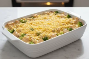 Hähnchen-Brokkoli-Mischung mit Käse bestreut, bereit zum Backen