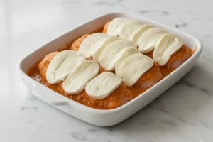 Hähnchen in Tomatensauce mit Mozzarella belegt in Auflaufform