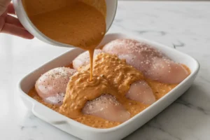 Hähnchenbrust mit Tomatensauce in Auflaufform geschichtet